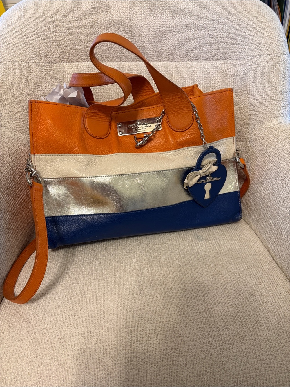 My Flat in London has Orange, Blue & Silver Colorblock Leather Tote Bag